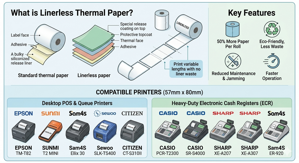 2 1/4" x 170' - Sticky Thermal Paper Rolls - Full Coverage Adhesive - 12 Rolls - fits: Epson TM-L90, TM-T88 Restick, Bixolon SRP-300 and Other Liner-Free Printers