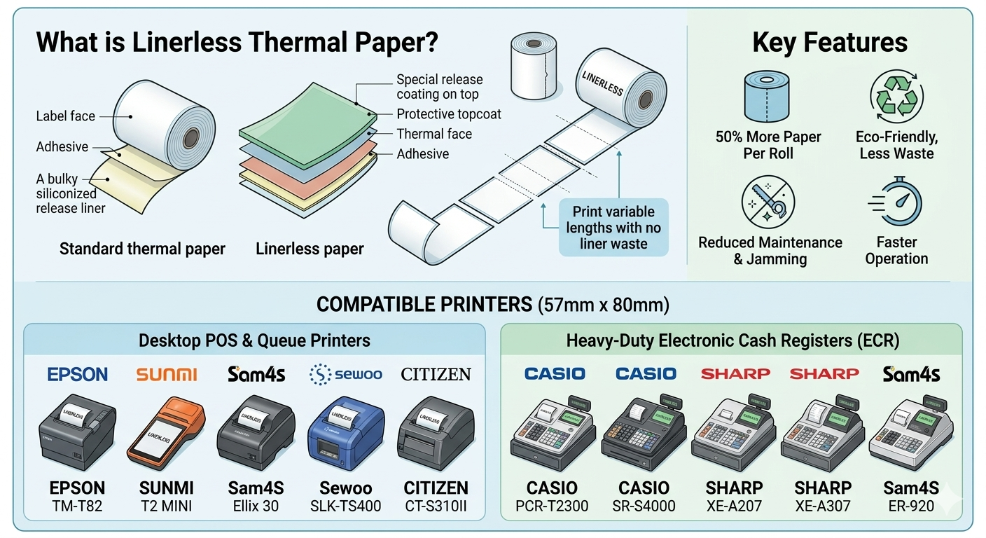 2 1/4" x 170' - Sticky Thermal Paper Rolls - Full Coverage Adhesive - 12 Rolls - fits: Epson TM-L90, TM-T88 Restick, Bixolon SRP-300 and Other Liner-Free Printers